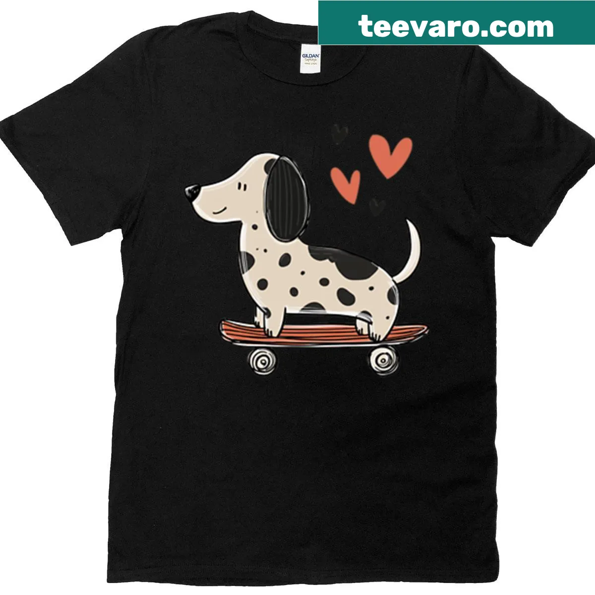 T-shirt featuring a spotted dachshund on a skateboard with heart doodles — on a men's t-shirt