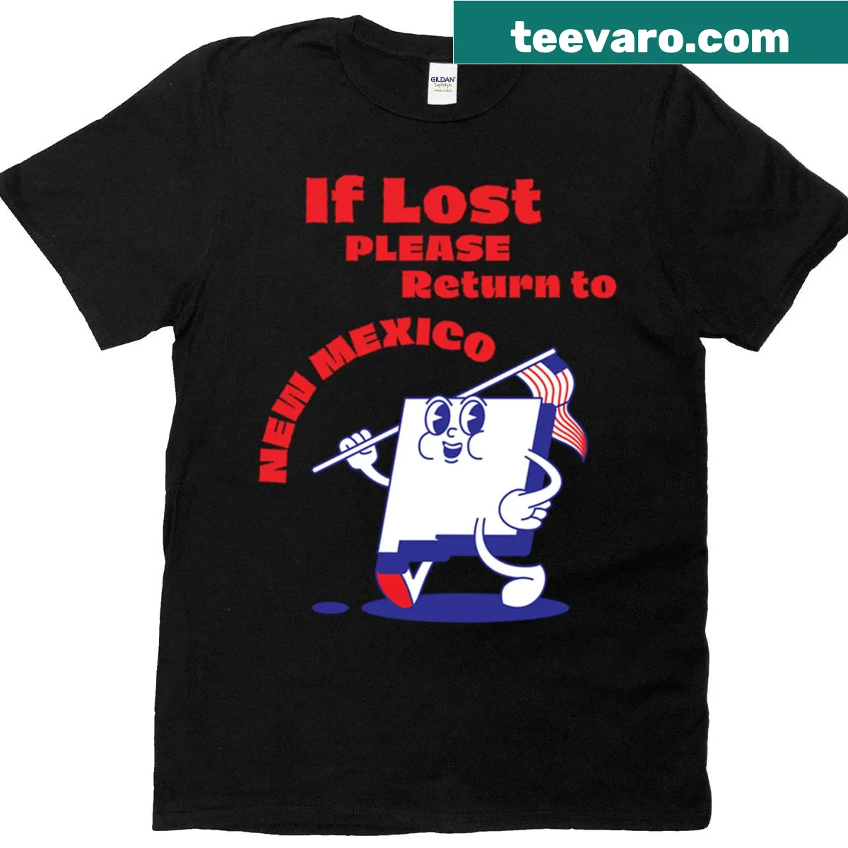 Cute cartoon map of New Mexico with a playful return message. — on a men's t-shirt