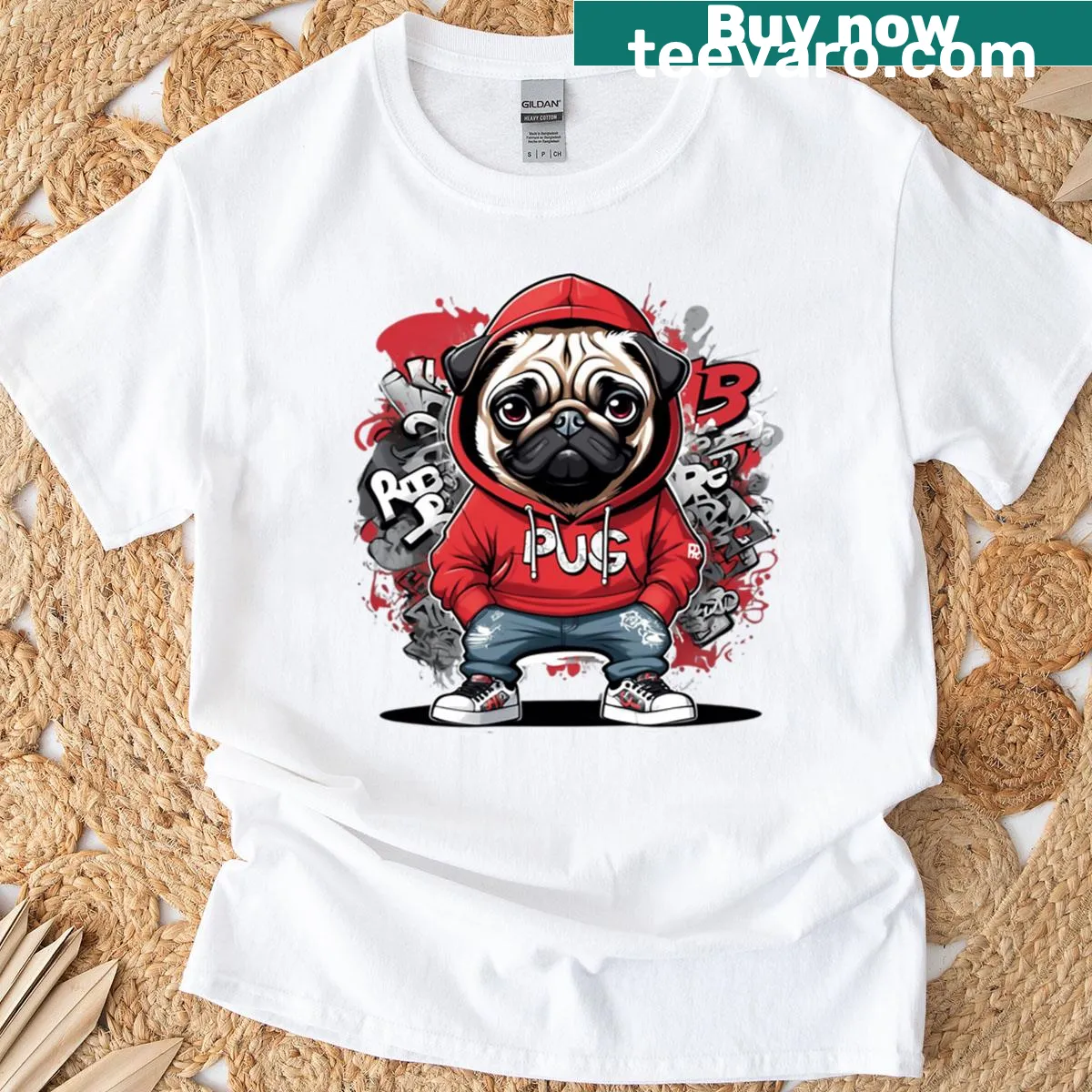 Oversized T-shirt featuring a pug with a graffiti background. — on a men's t-shirt