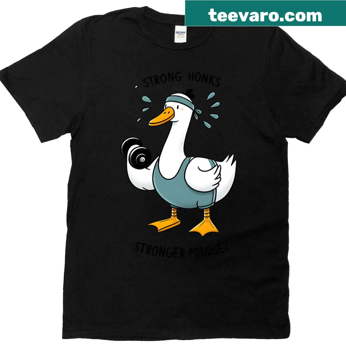 Illustration of a strong goose on a fitness-themed t-shirt — on a men's t-shirt