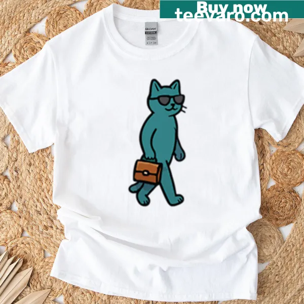Oversized T-shirt with a funky cat design carrying a briefcase