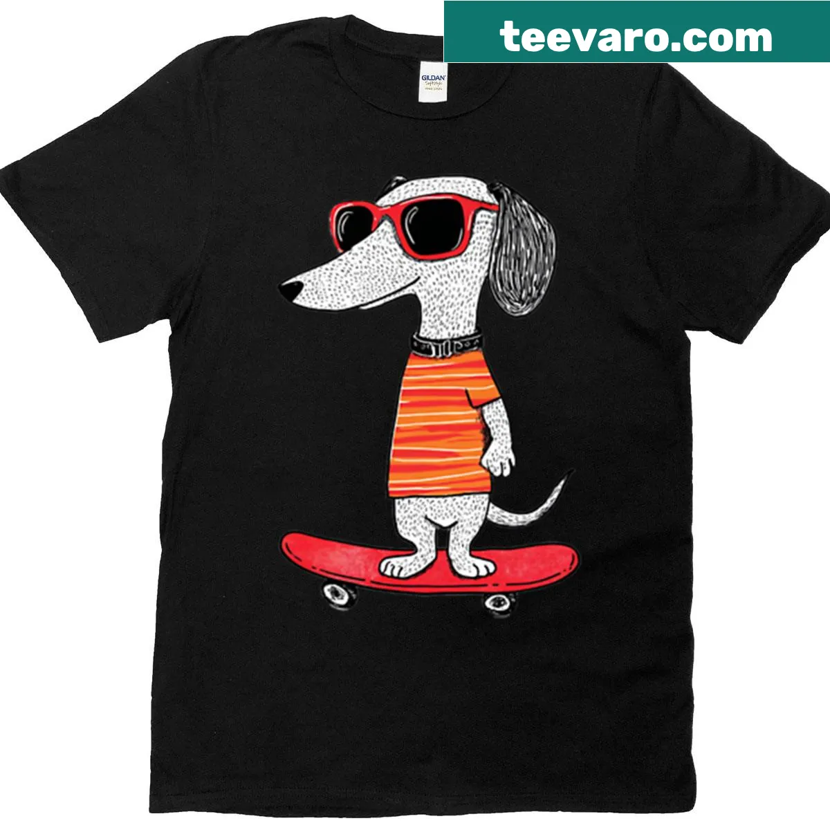 Oversized t-shirt featuring a stylish dachshund on a skateboard — on a men's t-shirt