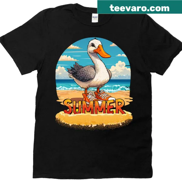 Oversized t-shirt with a cute goose graphic enjoying the beach.