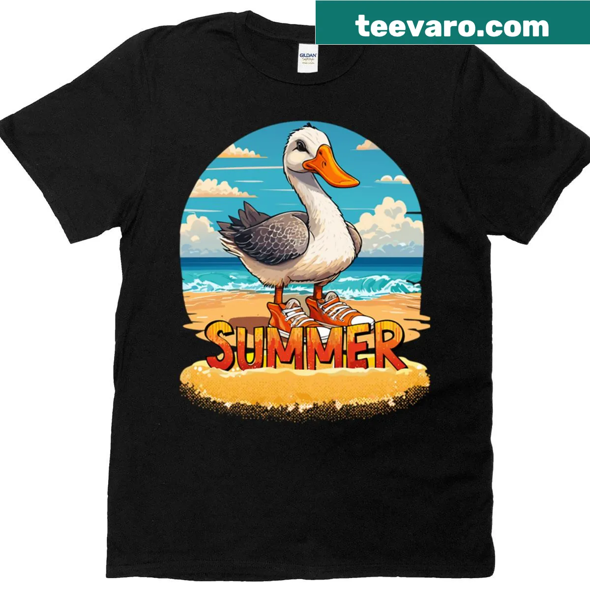 Oversized t-shirt with a cute goose graphic enjoying the beach. — on a men's t-shirt