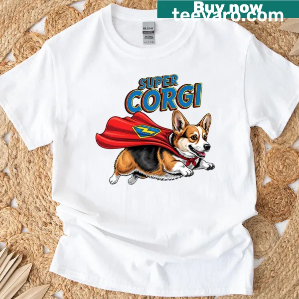 Illustrated superhero corgi flying through the air.