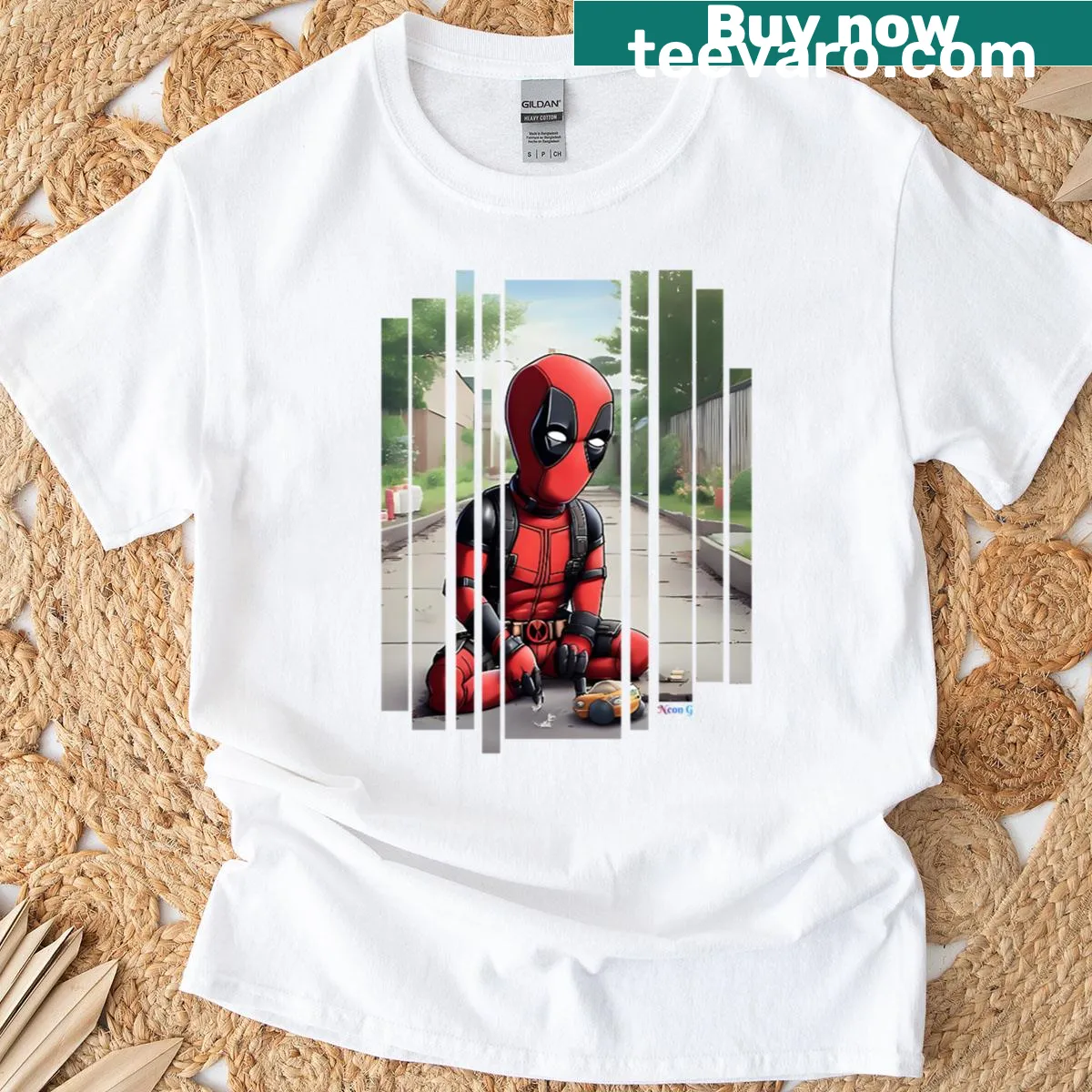 Comic-inspired t-shirt featuring a playful superhero design — on a men's t-shirt