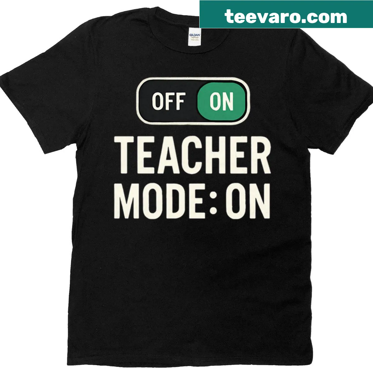 Graphic tee with toggle switch saying 'Teacher Mode On' — on a men's t-shirt