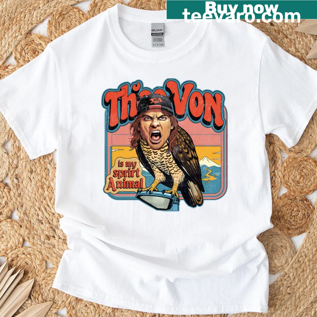 Retro 70s T-shirt featuring Theo Von spirit animal design — on a men's t-shirt