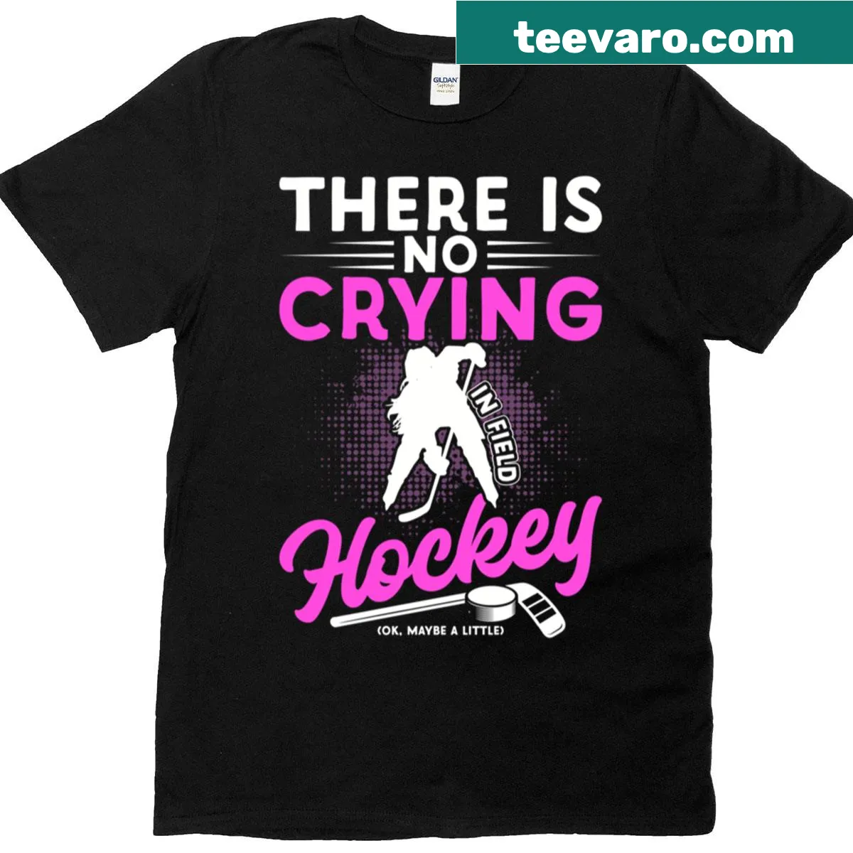 Funny hockey t-shirt with bold text about no crying — on a men's t-shirt