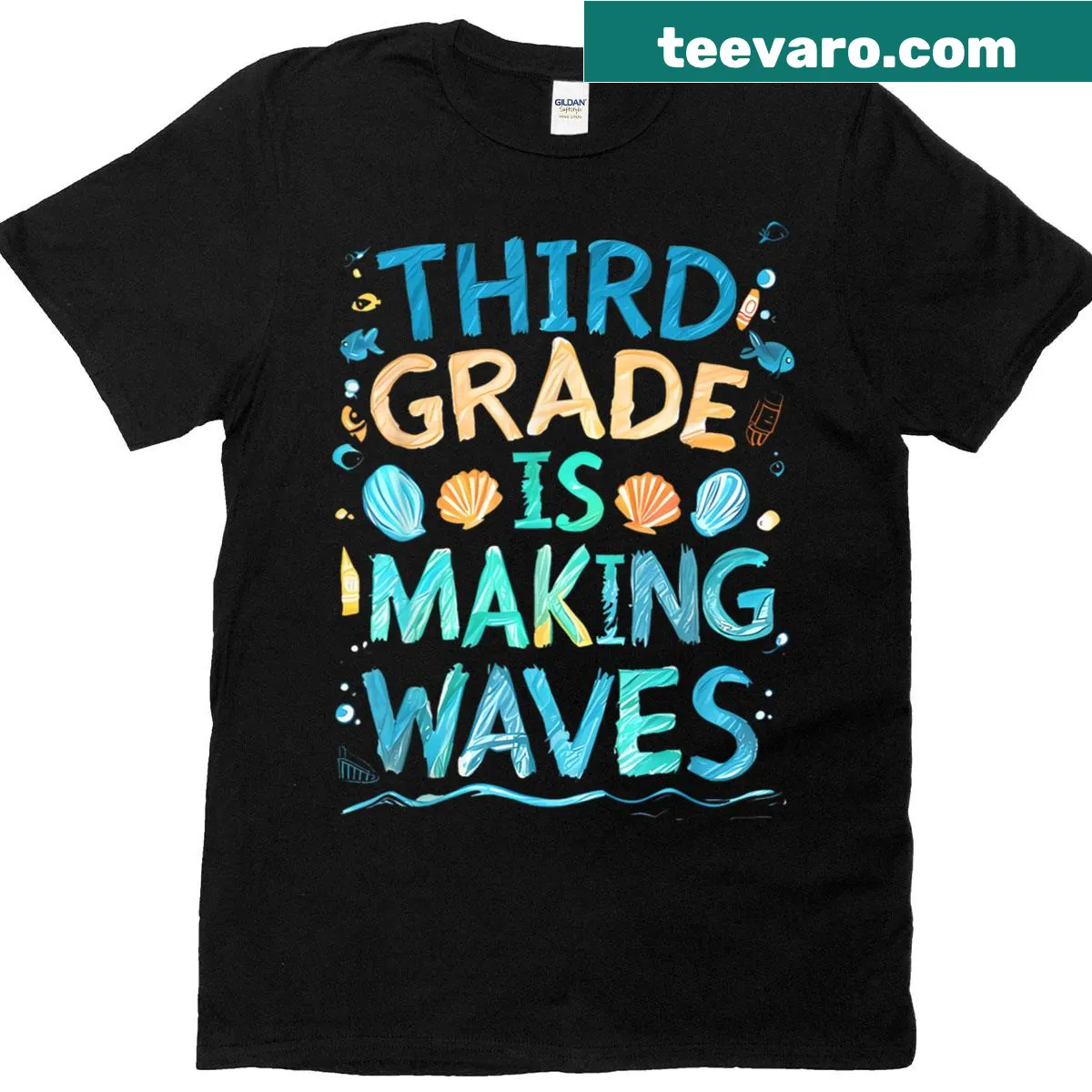 Back to school T-shirt with 'Third Grade Is Making Waves' text — on a men's t-shirt