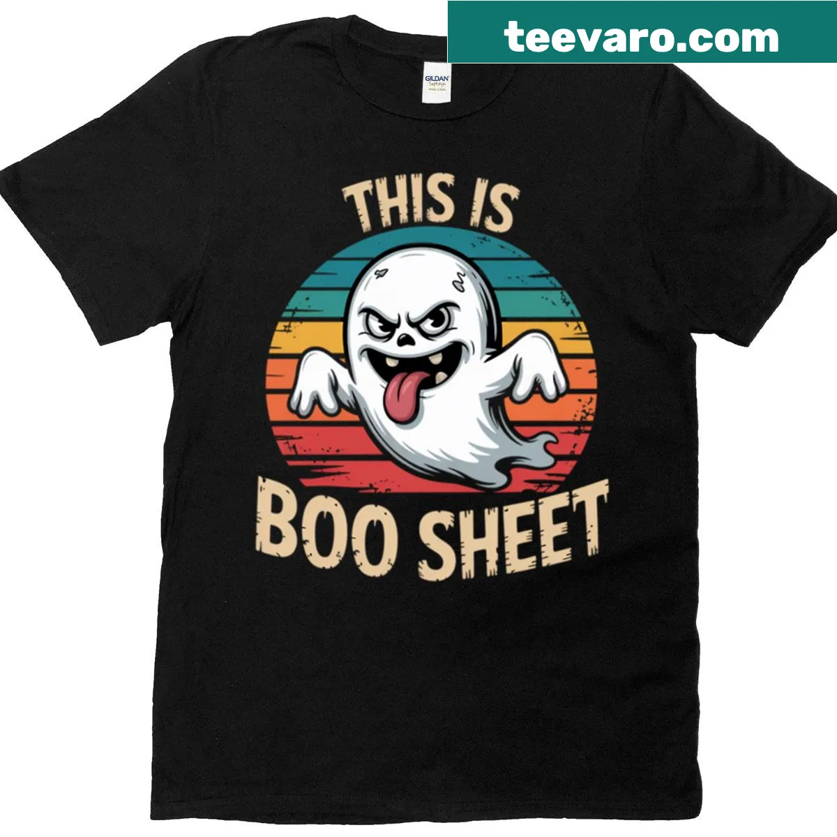 Retro Halloween t-shirt featuring a ghost and humorous text. — on a men's t-shirt