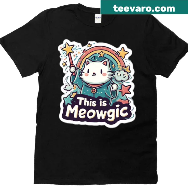 Whimsical design with the phrase 'This Is Meowgic' and cat graphics.