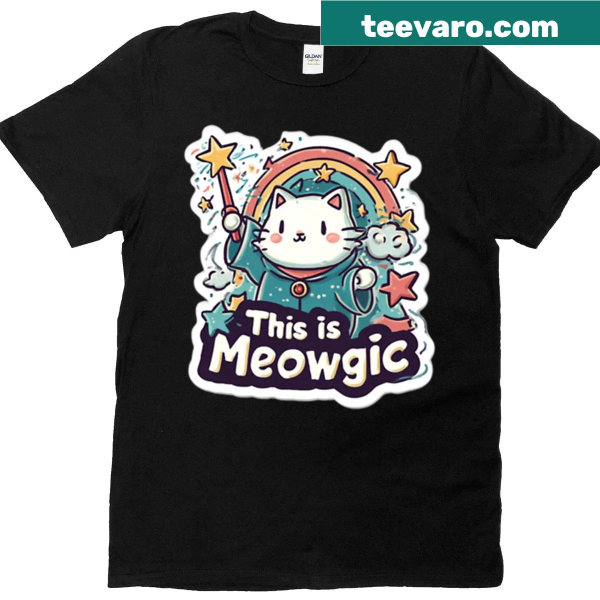 Whimsical design with the phrase 'This Is Meowgic' and cat graphics. — on a men's t-shirt