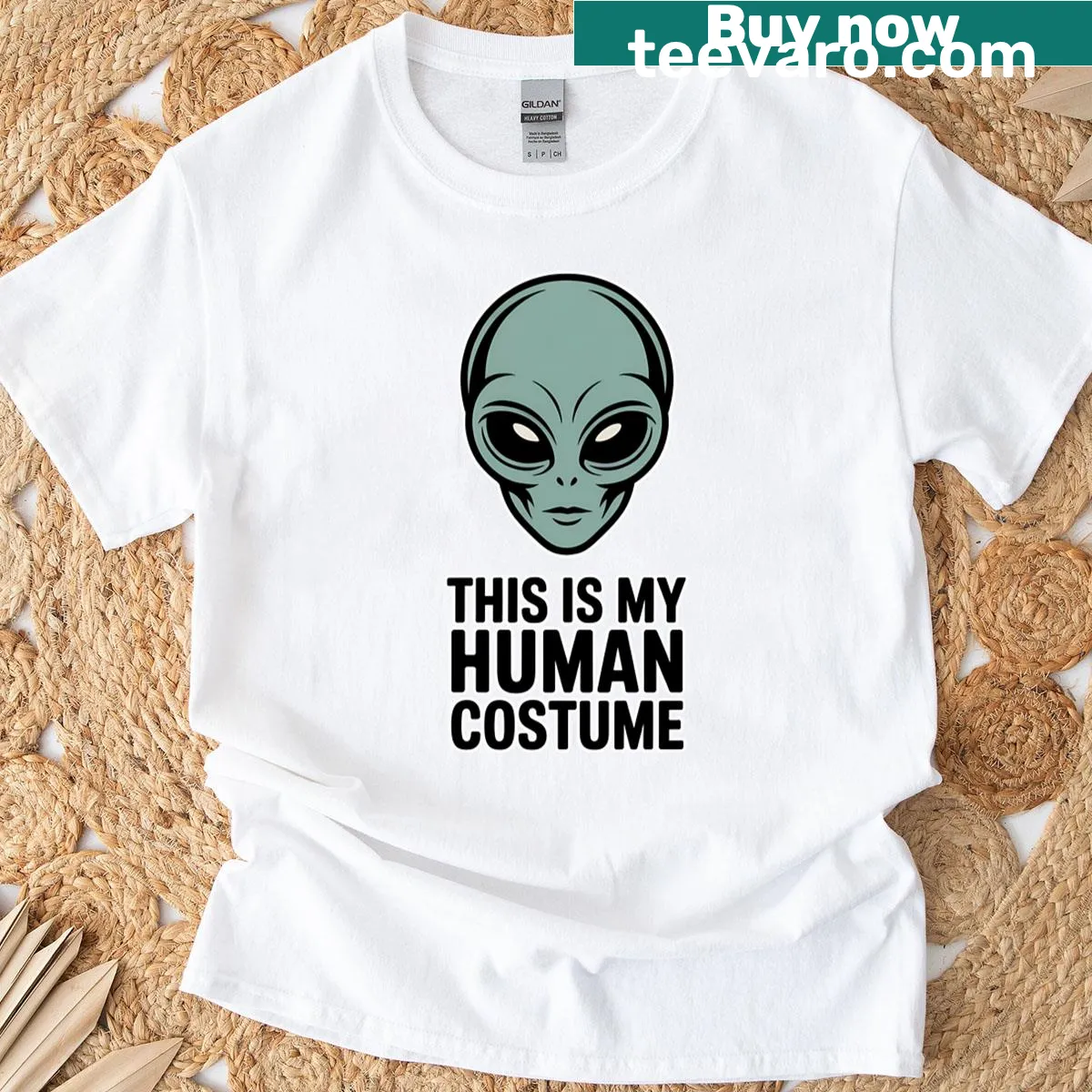 Funny alien graphic on Halloween shirt with 'This Is My Human Costume' text — on a men's t-shirt