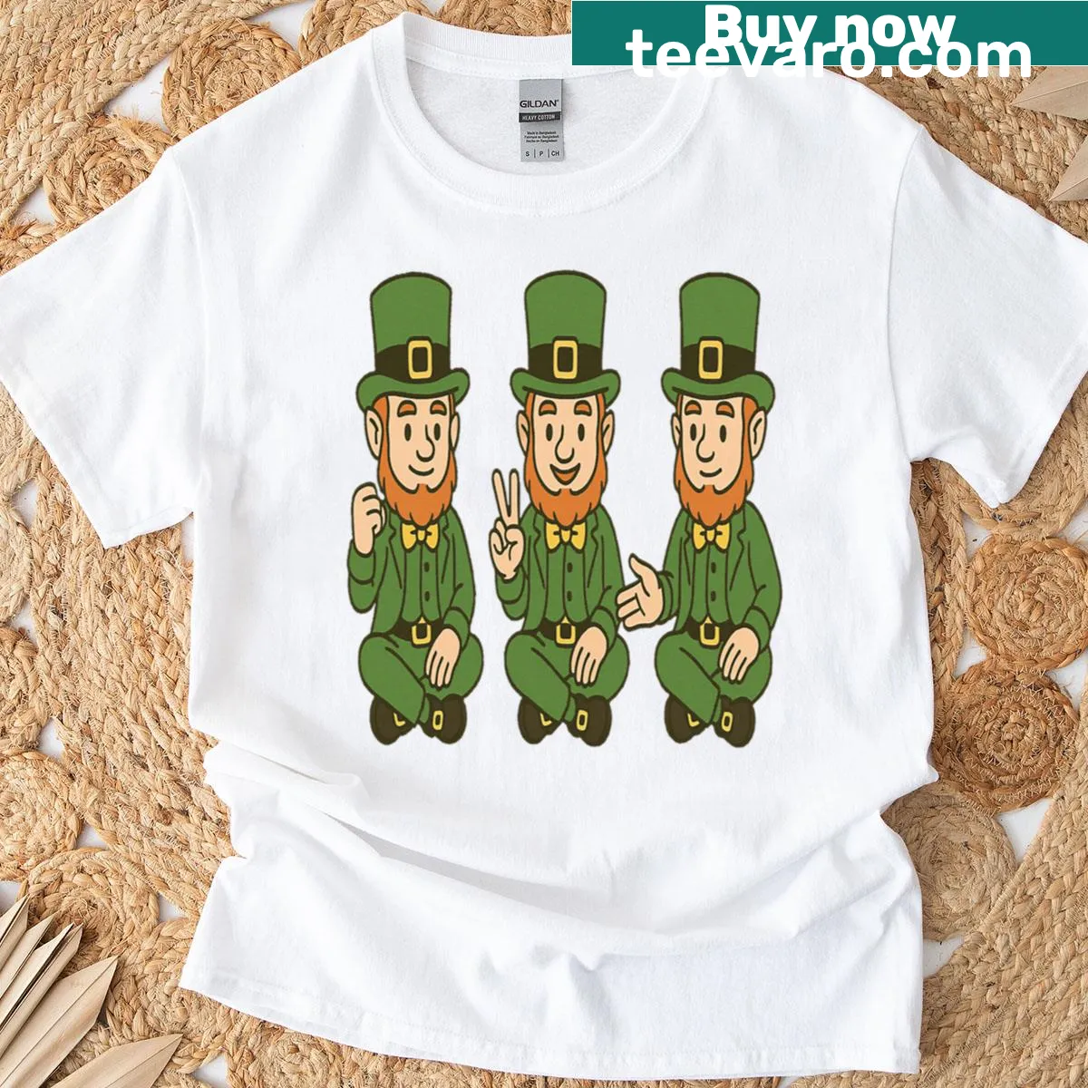 Illustration of three leprechauns playing rock-paper-scissors — on a men's t-shirt