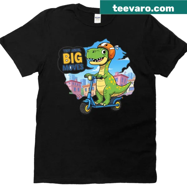 Cartoon dinosaur on a scooter graphic T-shirt for kids