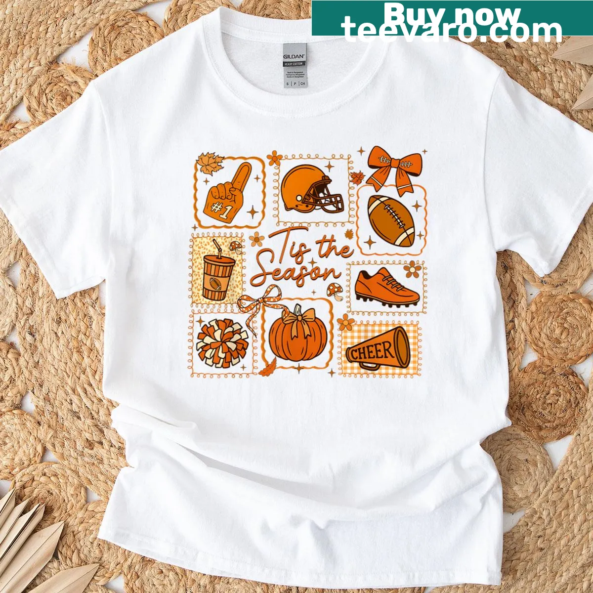 Festive T-shirt featuring fall themes of pumpkin spice and football — on a men's t-shirt