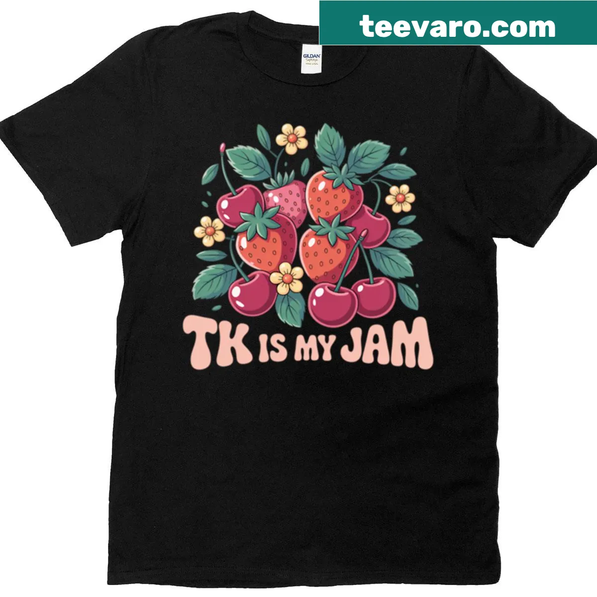 Oversized T-shirt with 'Tk Is My Jam' fruit pun and berry illustrations — on a men's t-shirt