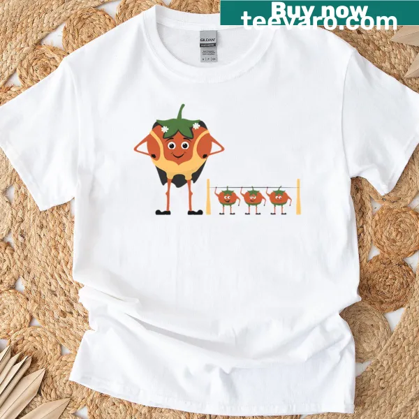 Cute T-shirt featuring a cartoon tomato with baby tomatoes.