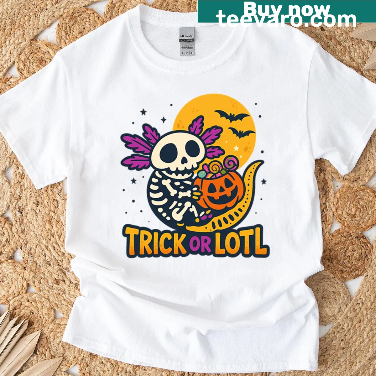 Cute axolotl skeleton graphic for Halloween t-shirt design — on a men's t-shirt