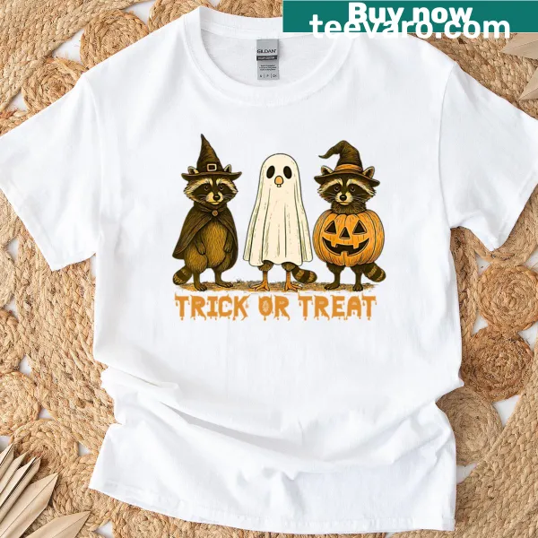 Funny Halloween T-shirt with pumpkin, ghost, and raccoon designs