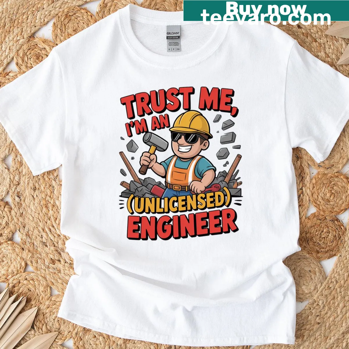 Funny 'Trust Me I'm An Unlicensed Engineer' oversized t-shirt — on a men's t-shirt