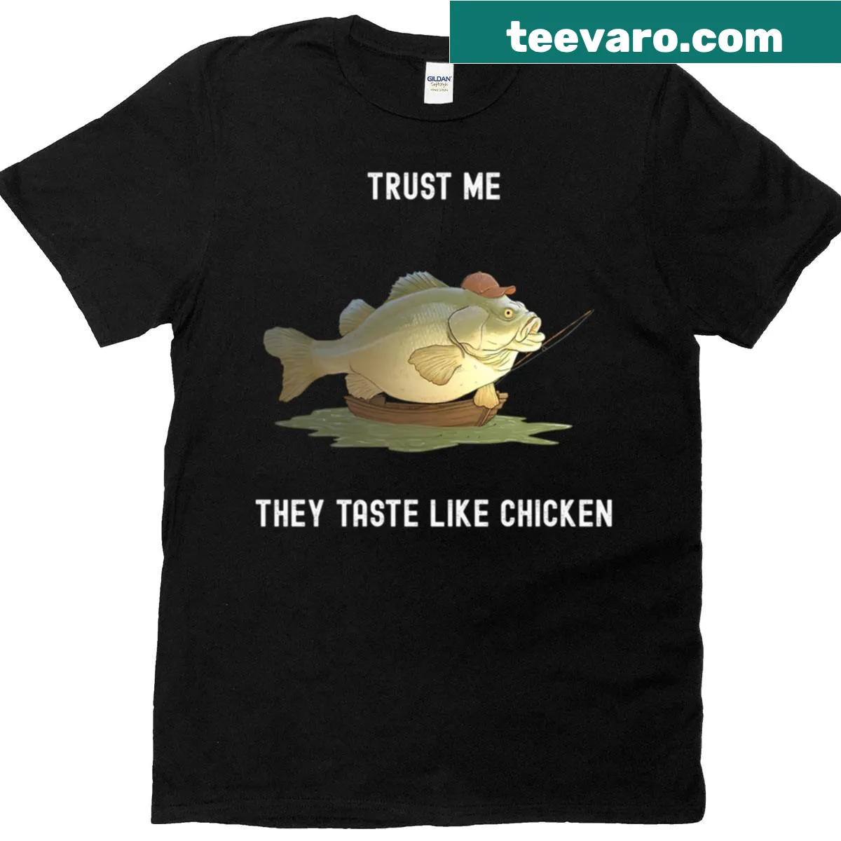 Funny fishing t-shirt with text: Trust Me They Taste Like Chicken — on a men's t-shirt