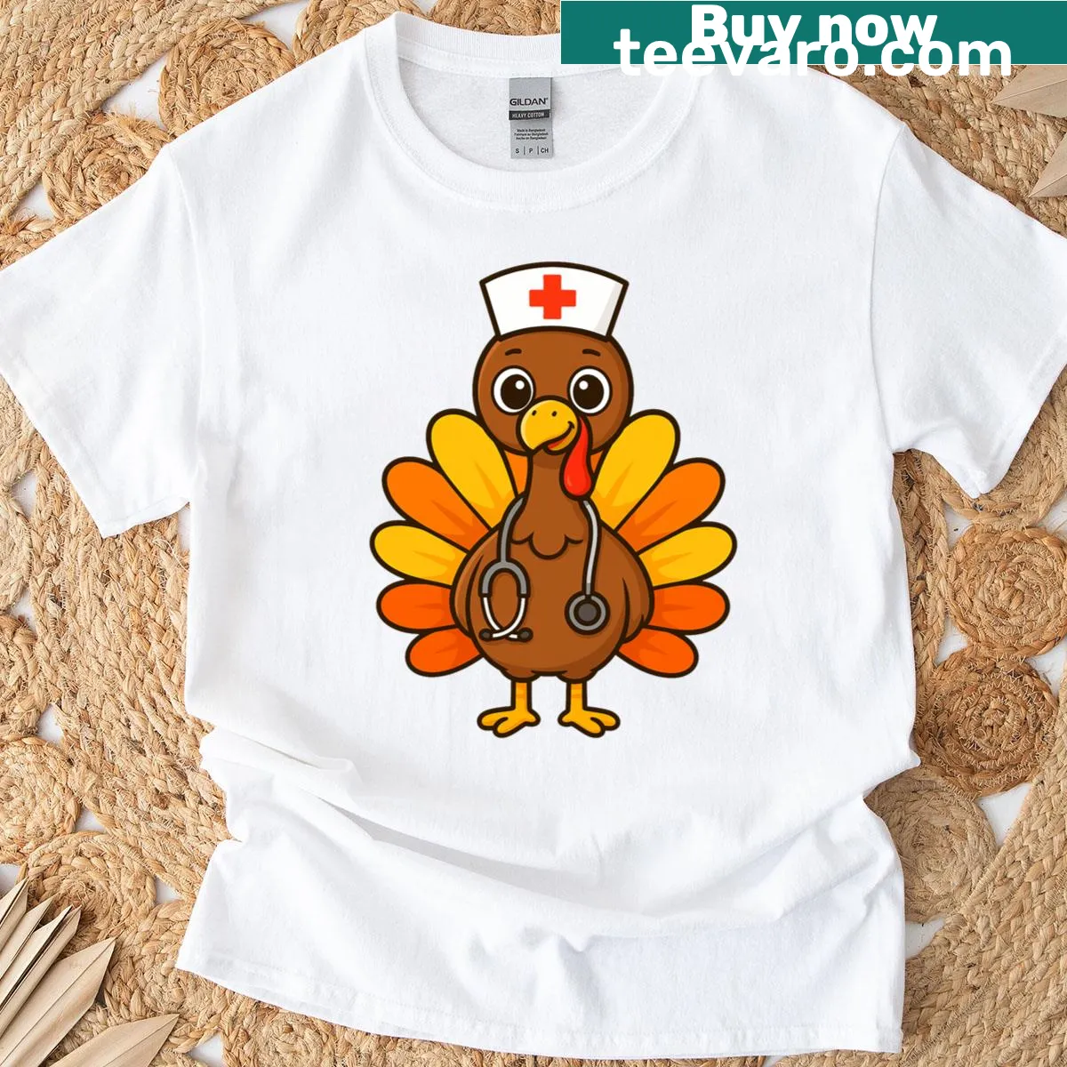 Thanksgiving t-shirt featuring a turkey in a nurse outfit — on a men's t-shirt