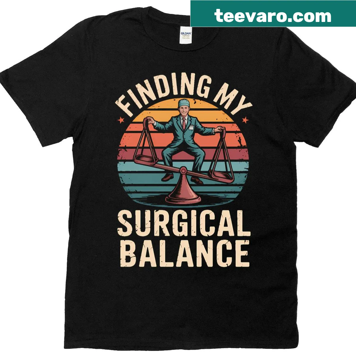 Inspirational T-shirt for vascular surgeons with surgical balance text — on a men's t-shirt