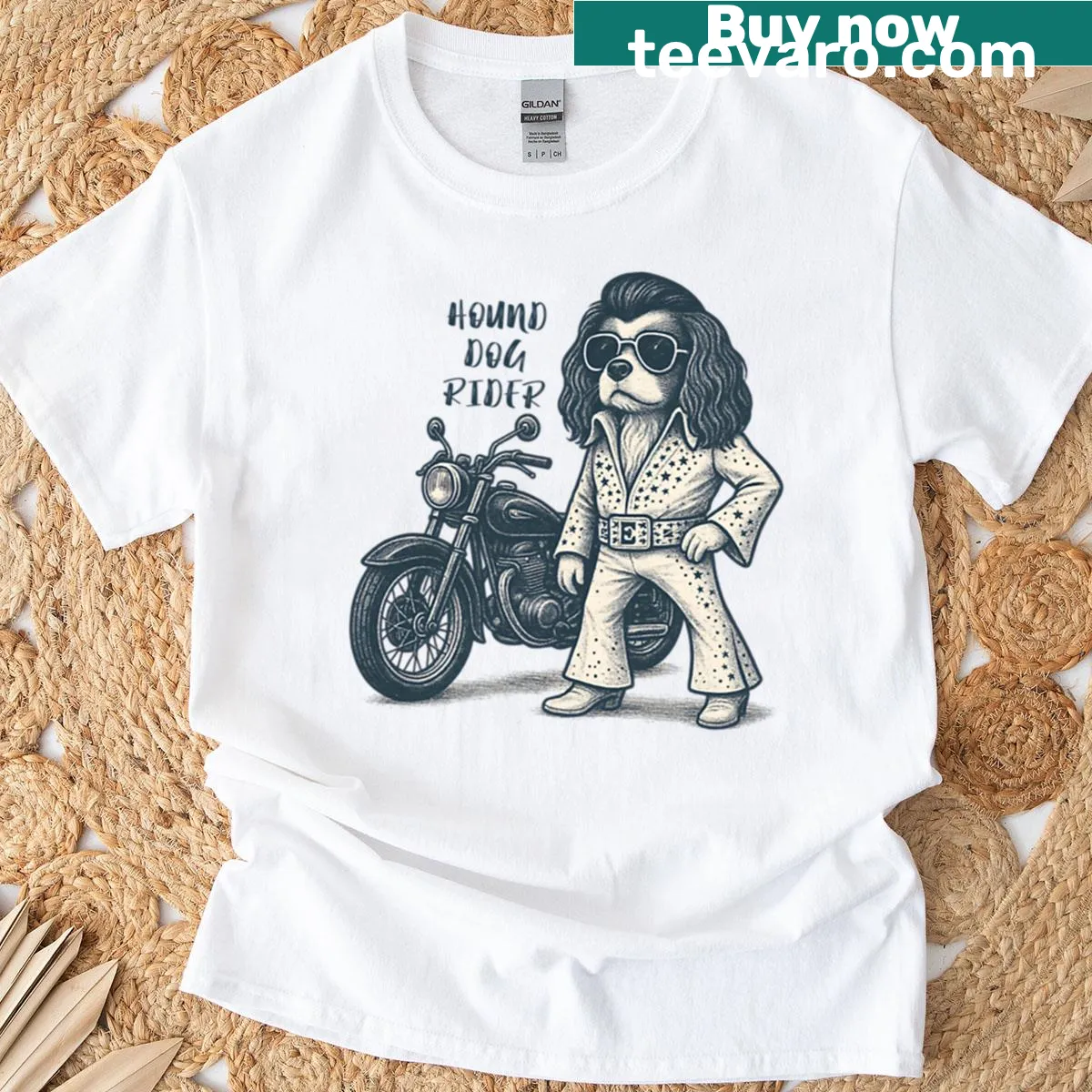 Vintage illustration of a biker dog in disco suit on t-shirt — on a men's t-shirt