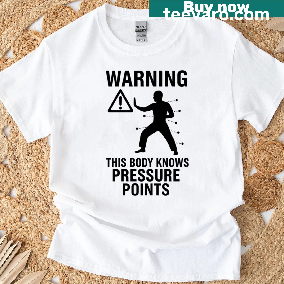 Funny martial arts shirt with pressure points warning design — on a men's t-shirt