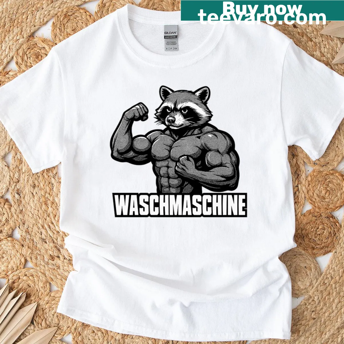 Funny gym T-shirt with a raccoon in a washing machine illustration. — on a men's t-shirt