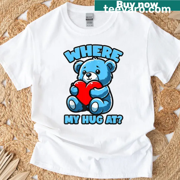 Vintage-style bear T-shirt with humorous hug invitation text.