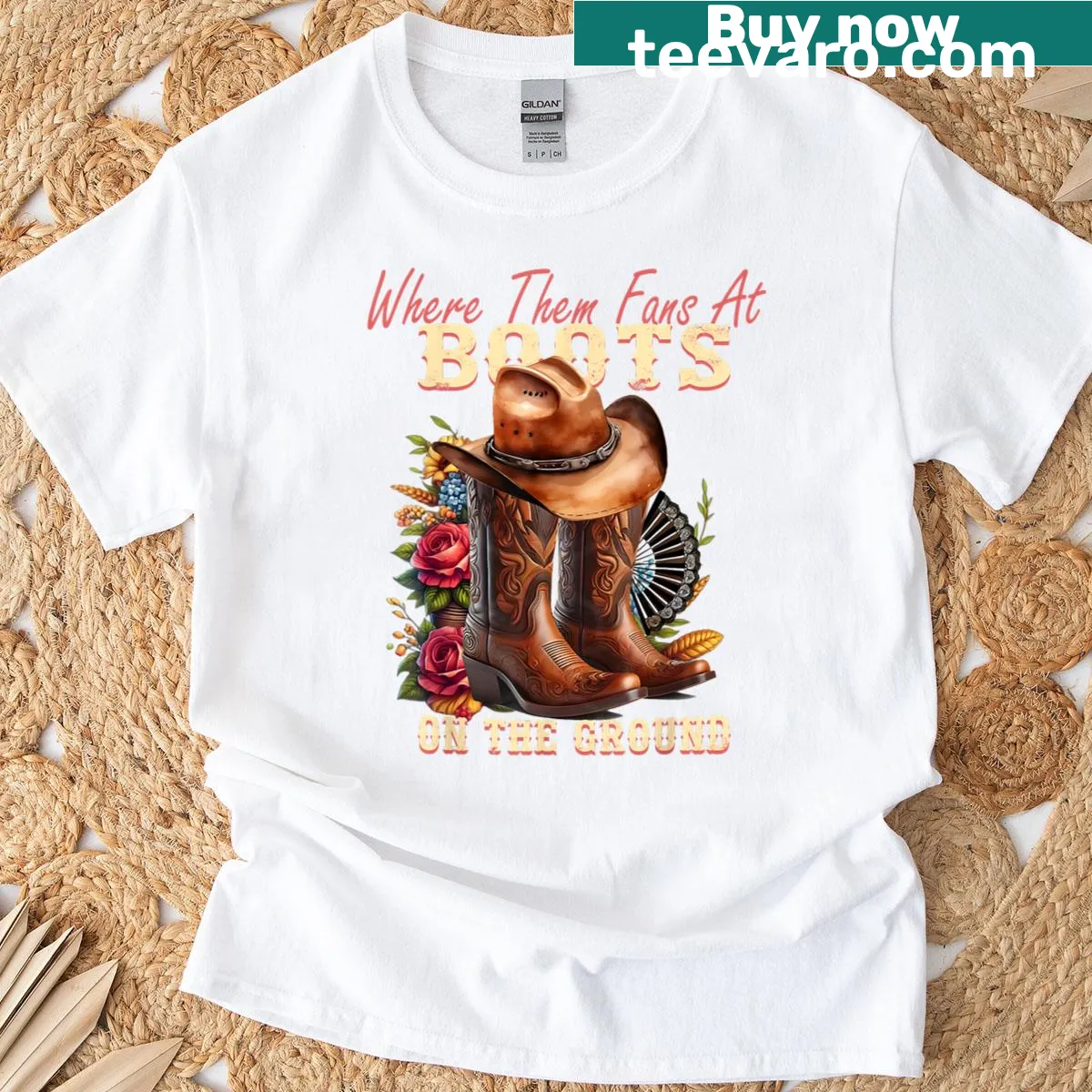 Black Western Cowgirl T-shirt with bold text 'Where Them Fans At' — on a men's t-shirt