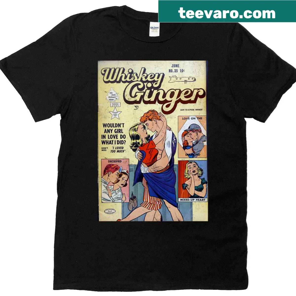 Vintage comic style T-shirt featuring whiskey ginger drink graphic — on a men's t-shirt