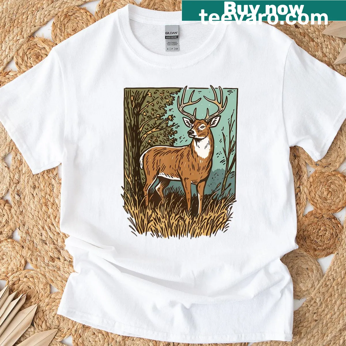 Whitetail buck graphic on hunting season shirt — on a men's t-shirt