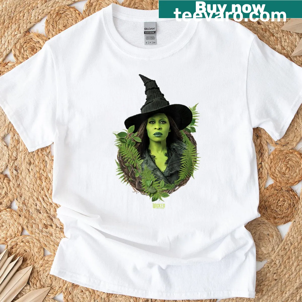 Bold portrait of Elphaba with greenery on T-shirt — on a men's t-shirt