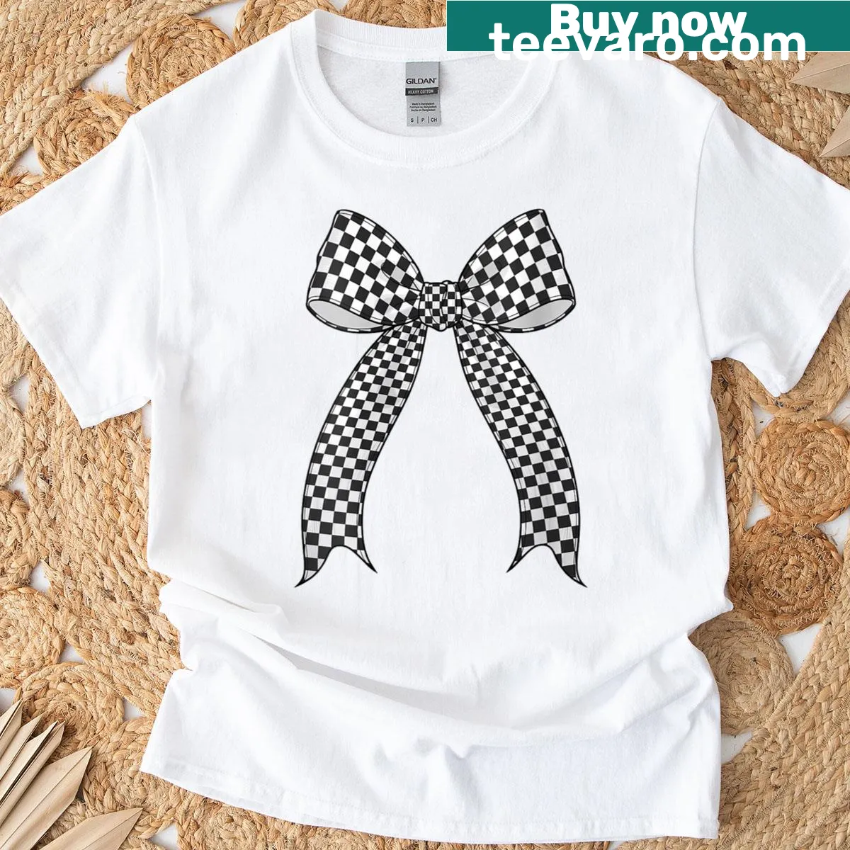 Chic black and white checkered pattern with a bow design — on a men's t-shirt