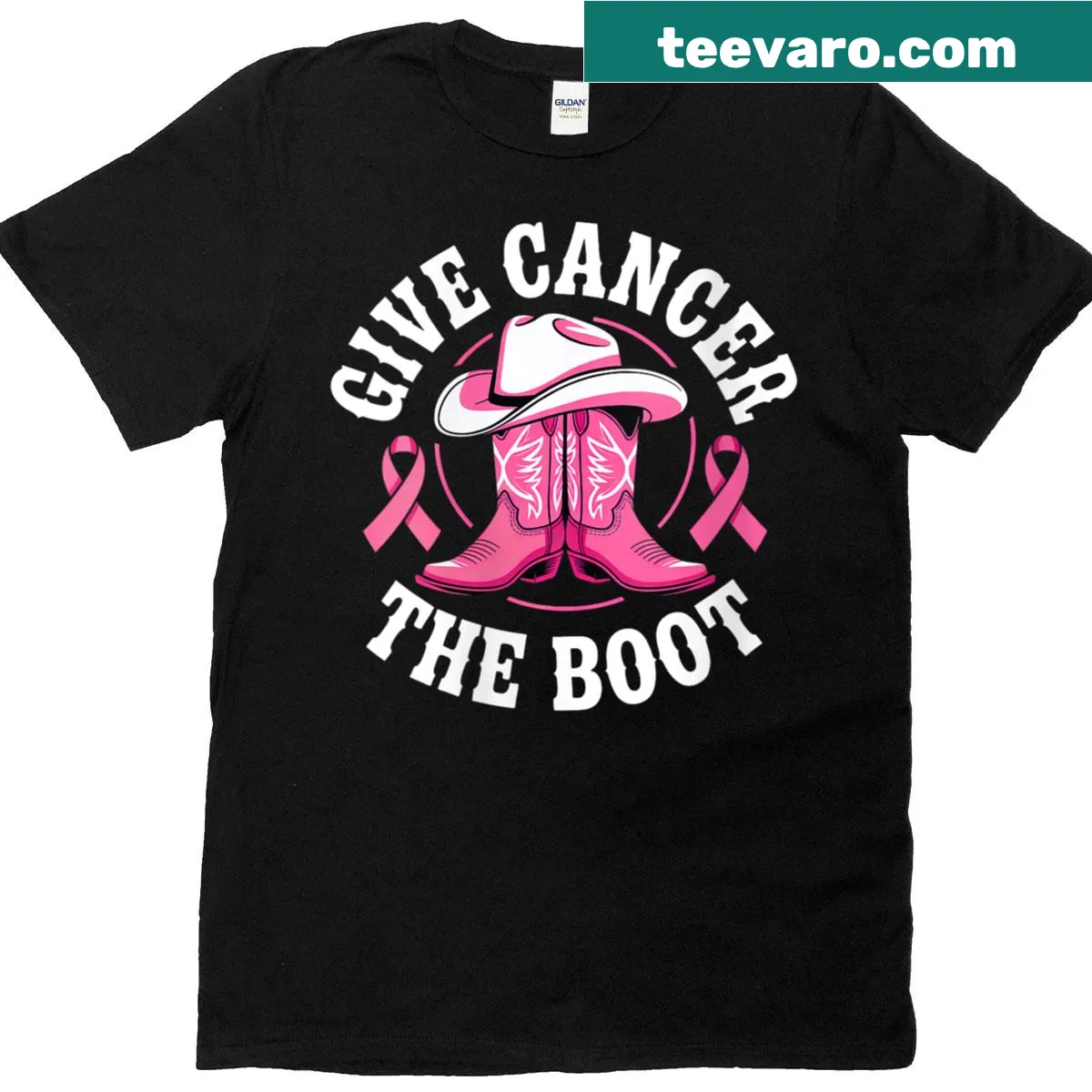 Cowgirl-themed breast cancer support t-shirt with boot illustration — on a men's t-shirt