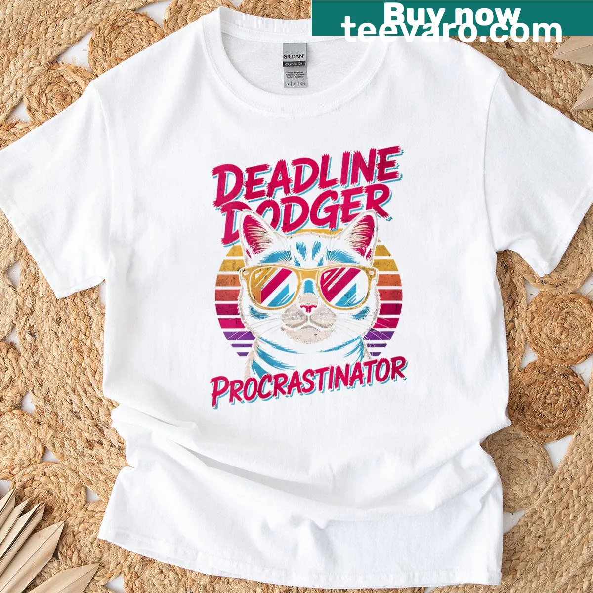 Retro 80s T-shirt with 'Deadline Dodger' cat design — on a men's t-shirt
