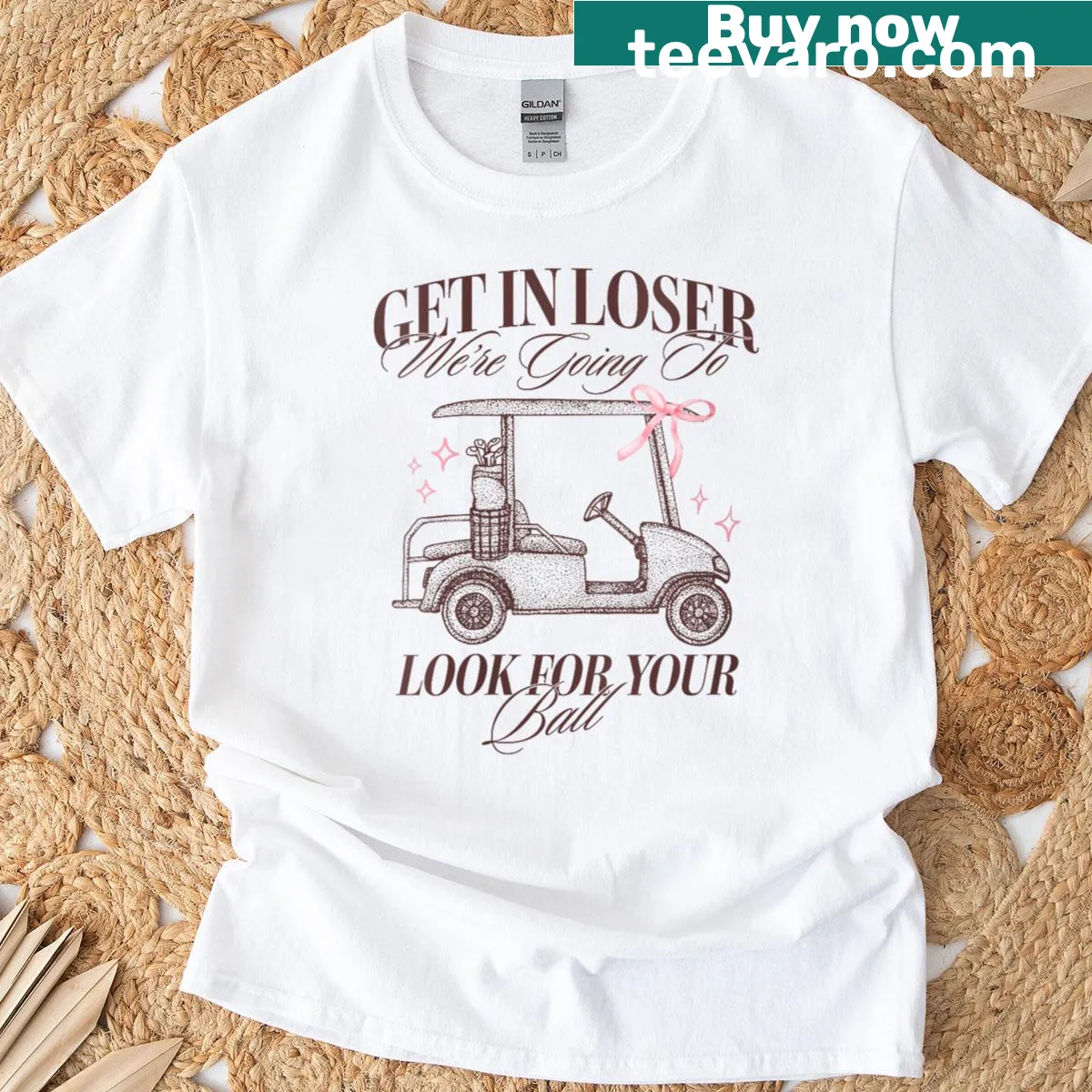 Funny golfing T-shirt with the phrase 'Get In Loser' — on a men's t-shirt