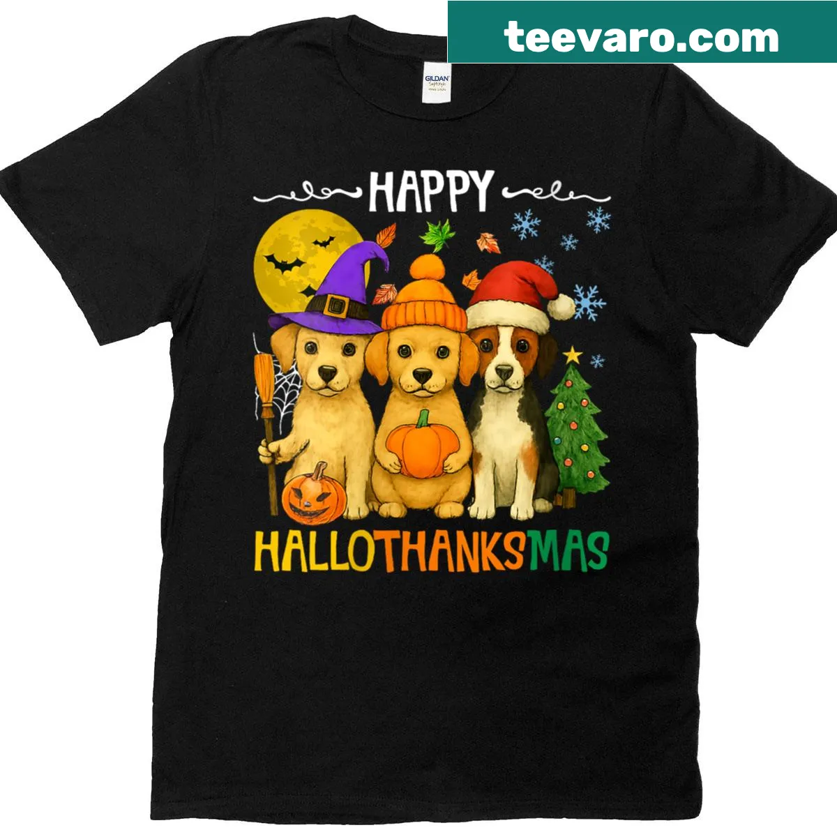 Funny Hallothanksmas shirt for dog lovers with whimsical holiday-themed typography — on a men's t-shirt