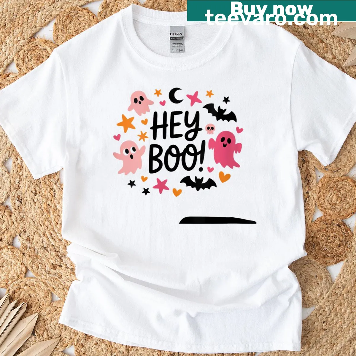 Cute ghost graphic on Halloween shirt with 'Hey Boo!' text — on a men's t-shirt