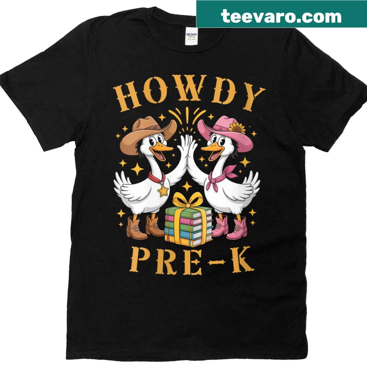 Cowboy goose-themed back-to-school tee with 'Howdy' illustration — on a men's t-shirt