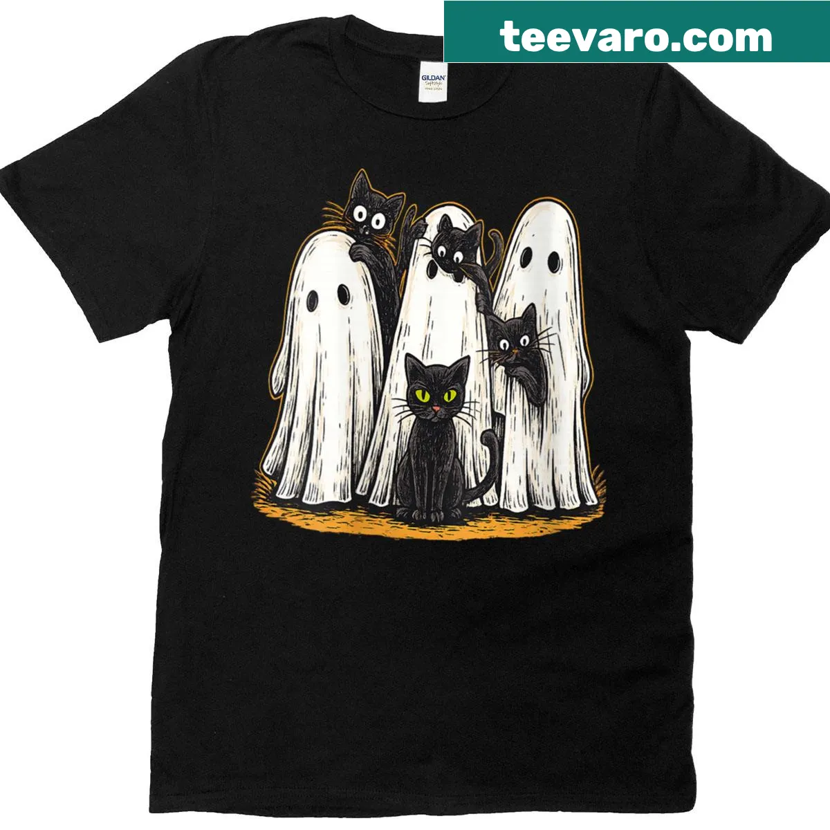 Cute Halloween T-shirt featuring a lace ghost and black cat — on a men's t-shirt
