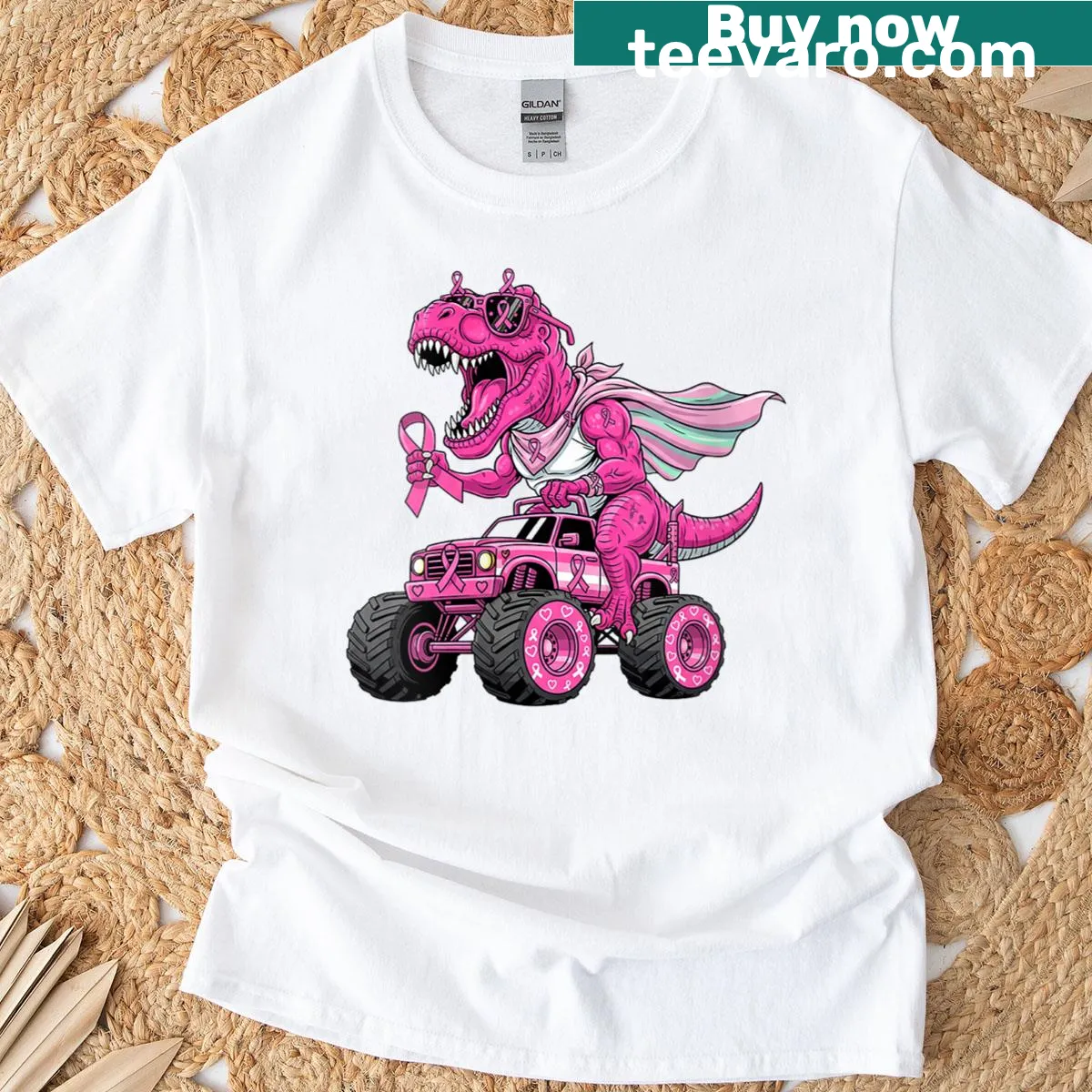 Pink dinosaur graphic with breast cancer awareness ribbon — on a men's t-shirt