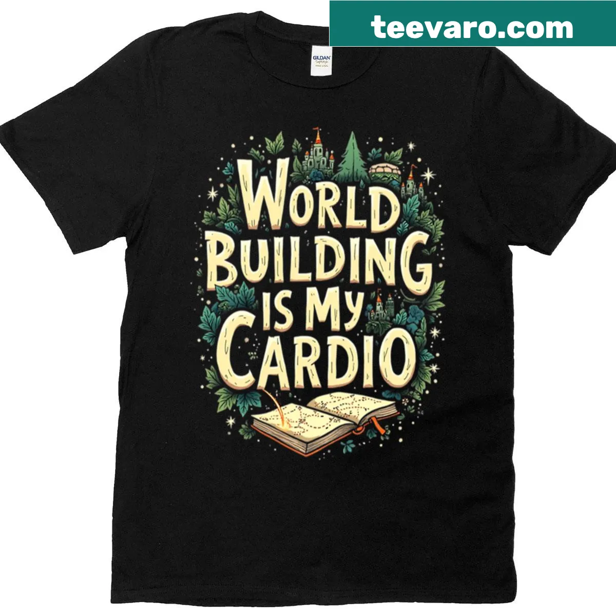 Oversized t-shirt with text 'World Building Is My Cardio' for gamers and writers — on a men's t-shirt