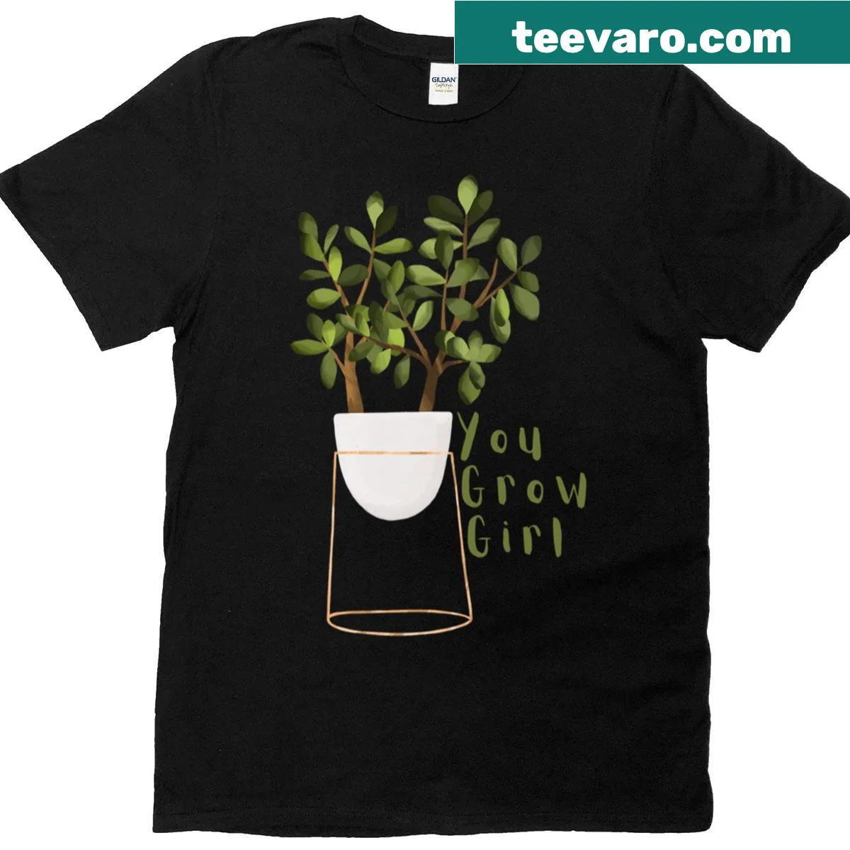Cute jade plant graphic with text 'You Grow Girl' on a T-shirt for houseplant lovers — on a men's t-shirt