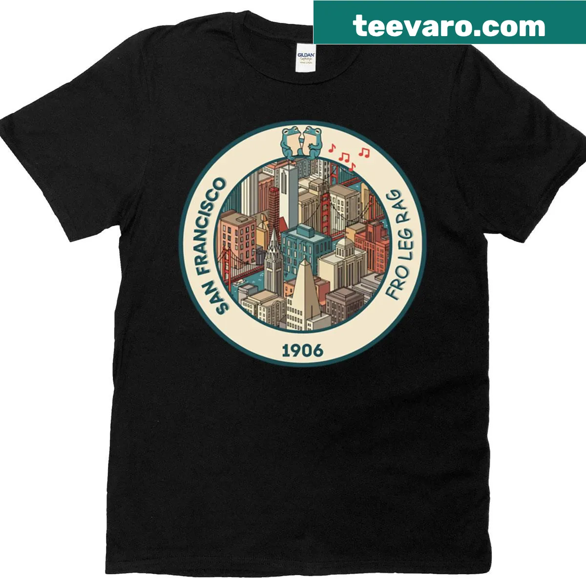 T-shirt with whimsical San Francisco skyline and frogs design. — on a men's t-shirt