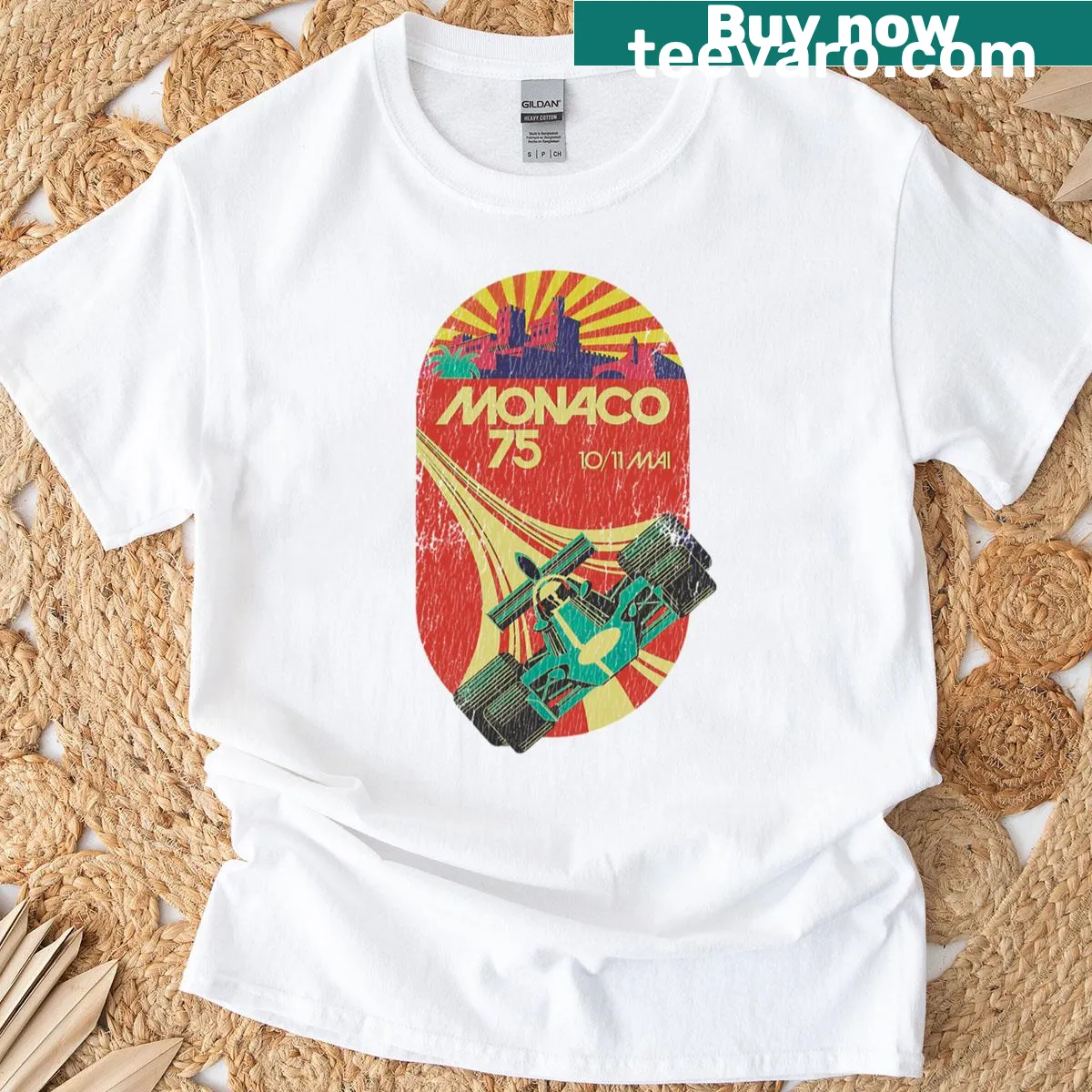 Vintage print T-shirt celebrating the 1975 Monaco Grand Prix — on a men's t-shirt